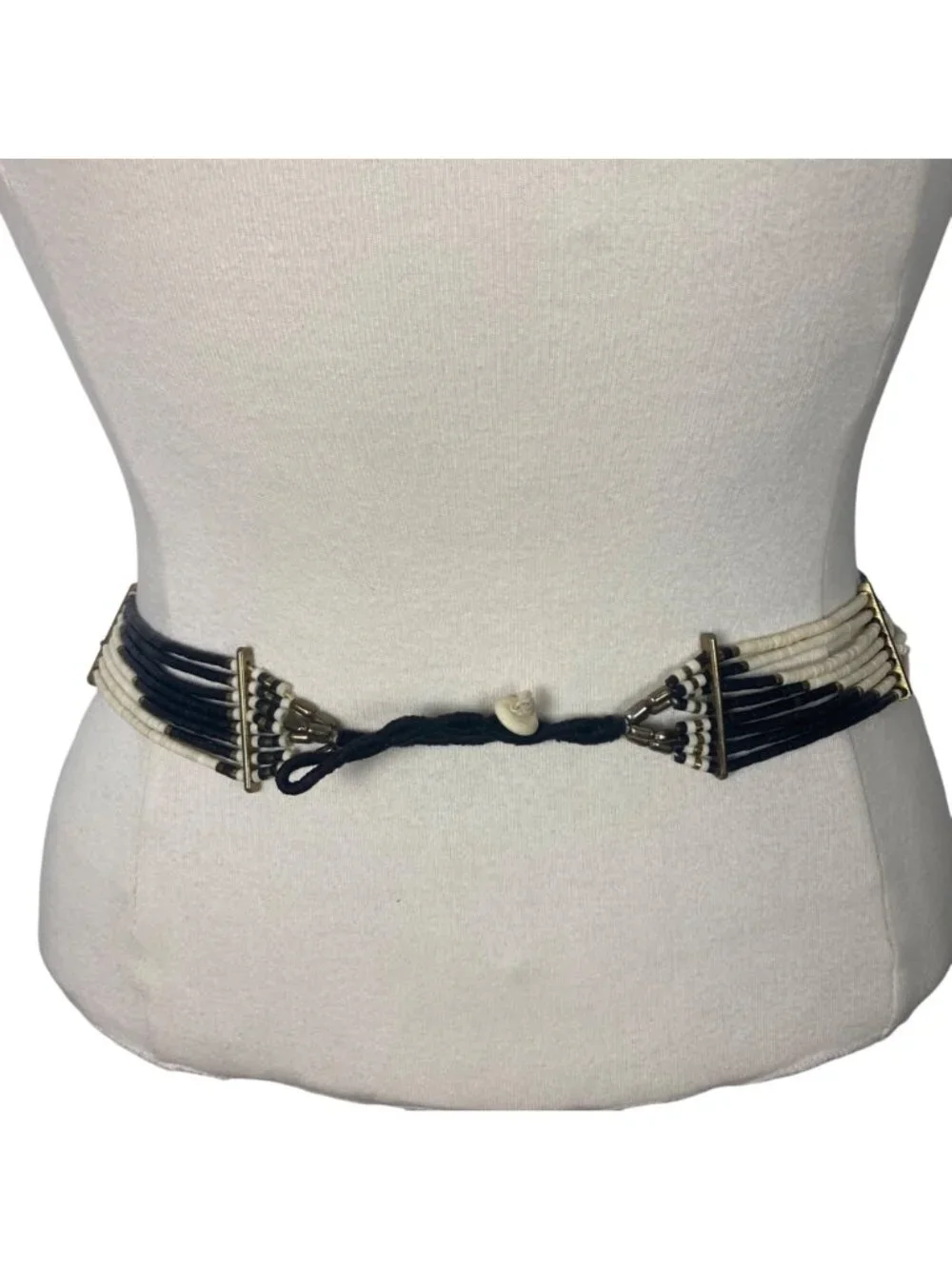 Vintage 80s Black White Beaded Belt Adjustable 30in to 33in Waist Boho Tribal